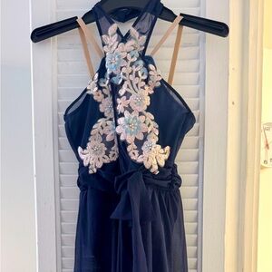 Elegant Navy Blue Kids Dress with Floral Embroidery